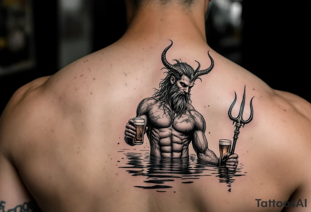 young, fit poseidon in calm water, holding a trident, drinking a beer, with foot on his bicep tattoo idea