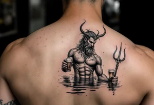 young, fit poseidon in calm water, holding a trident, drinking a beer, with foot on his bicep tattoo idea