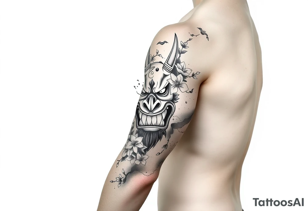 Japanese sleeve including an oni mask that is split in half, cherry blossoms, and the kanji for peace and love tattoo idea