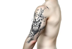 Japanese sleeve including an oni mask that is split in half, cherry blossoms, and the kanji for peace and love tattoo idea