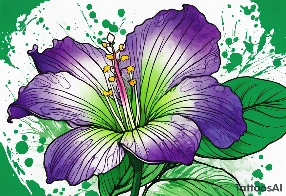 An outline of a green rio dipladenia flower and a green/purple watercolor splatter in the background tattoo idea