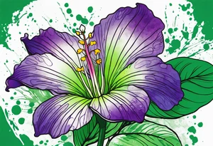 An outline of a green rio dipladenia flower and a green/purple watercolor splatter in the background tattoo idea