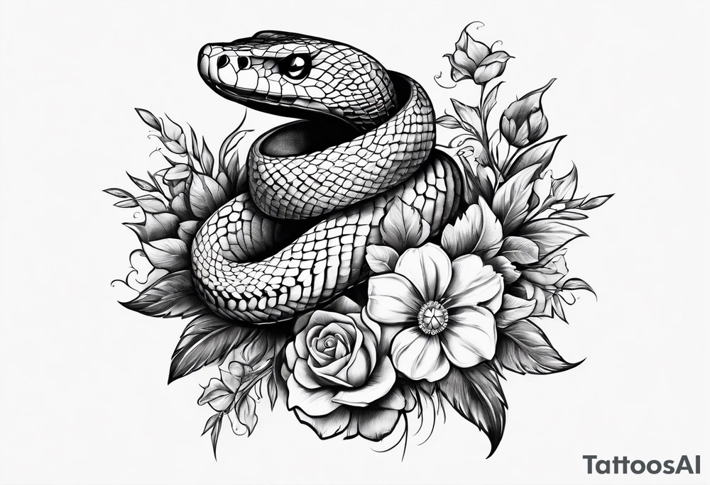 Snake with cross and flowers tattoo idea
