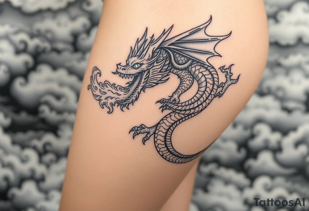 fierce dragon breathing iridescent fire against stormy skies tattoo idea