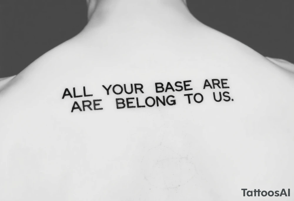 "Tattoo of a corrupted .txt file:  
Visible text: 'ALL YOUR BASE ARE BELONG TO US'  
Corrupted parts: 'IFUCK10' repeated in hex-code.  

Style: Data moshing. Black ink, forearm." tattoo idea