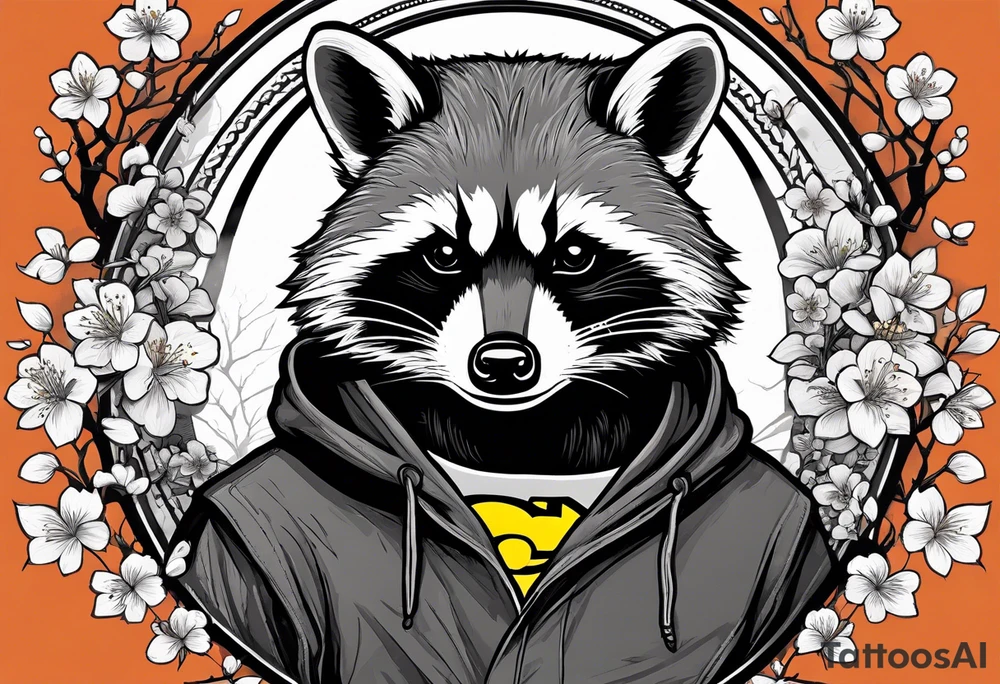 Raccoon wearing a white Superman logo on a black hoodie and orange Japanese cherry blossoms beside tattoo idea