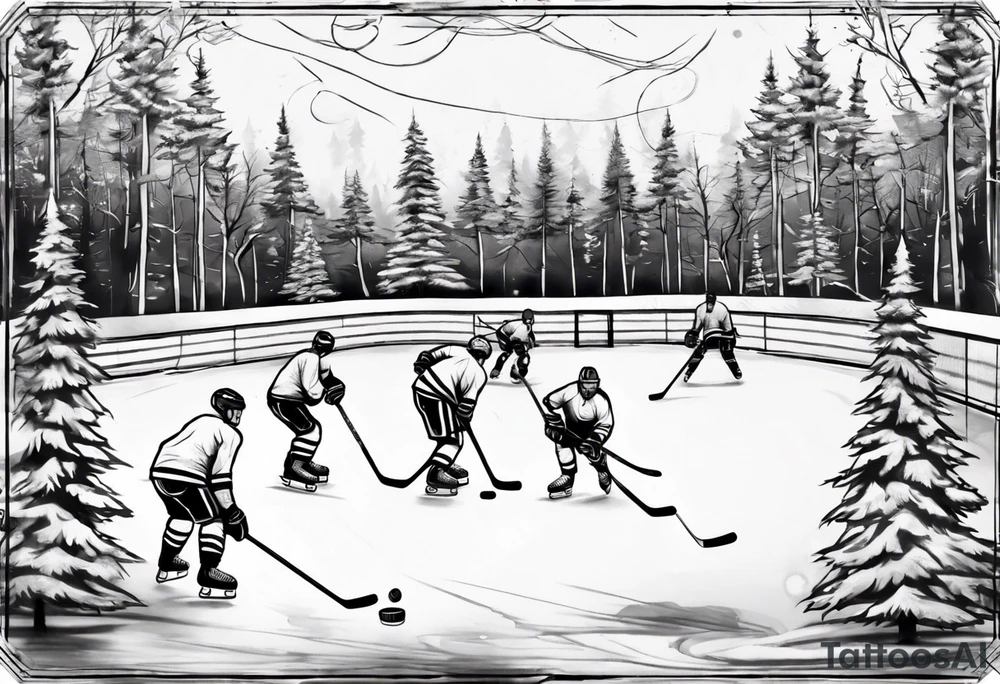 Outdoor hockey rink in the woods tattoo idea