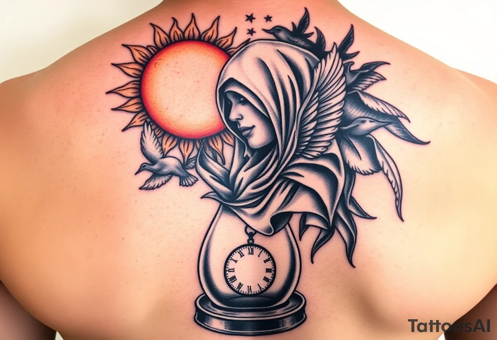 sun and moon embrace with lotus flower in a hour glass that breaks into flying birds and a clock in background with an arab woman with scarf over her face tattoo idea