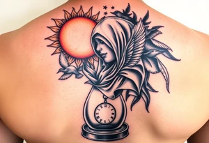 sun and moon embrace with lotus flower in a hour glass that breaks into flying birds and a clock in background with an arab woman with scarf over her face tattoo idea