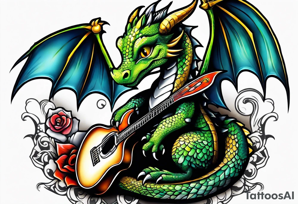 baby dragon with guitar tattoo idea