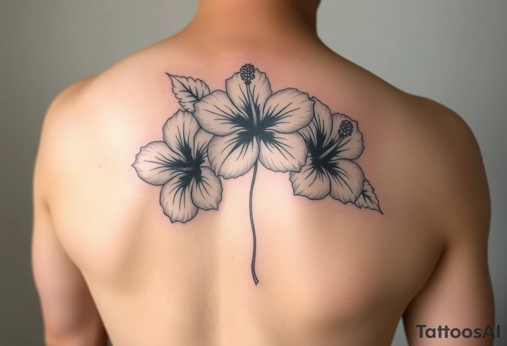 Three hibiscus flowers botanical big tattoo. FINE LINE add greenery around. Simplicity tattoo idea