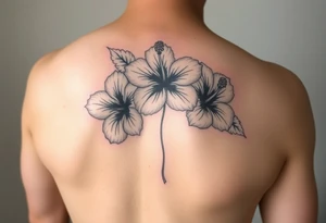 Three hibiscus flowers botanical big tattoo. FINE LINE add greenery around. Simplicity tattoo idea