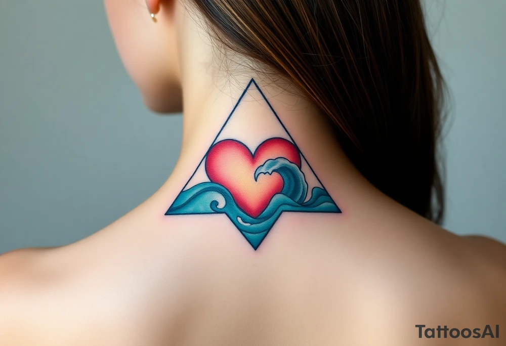 A triangle with a big heart in the center with an ocean theme tattoo idea