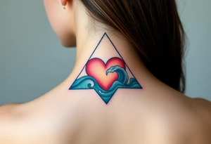 A triangle with a big heart in the center with an ocean theme tattoo idea