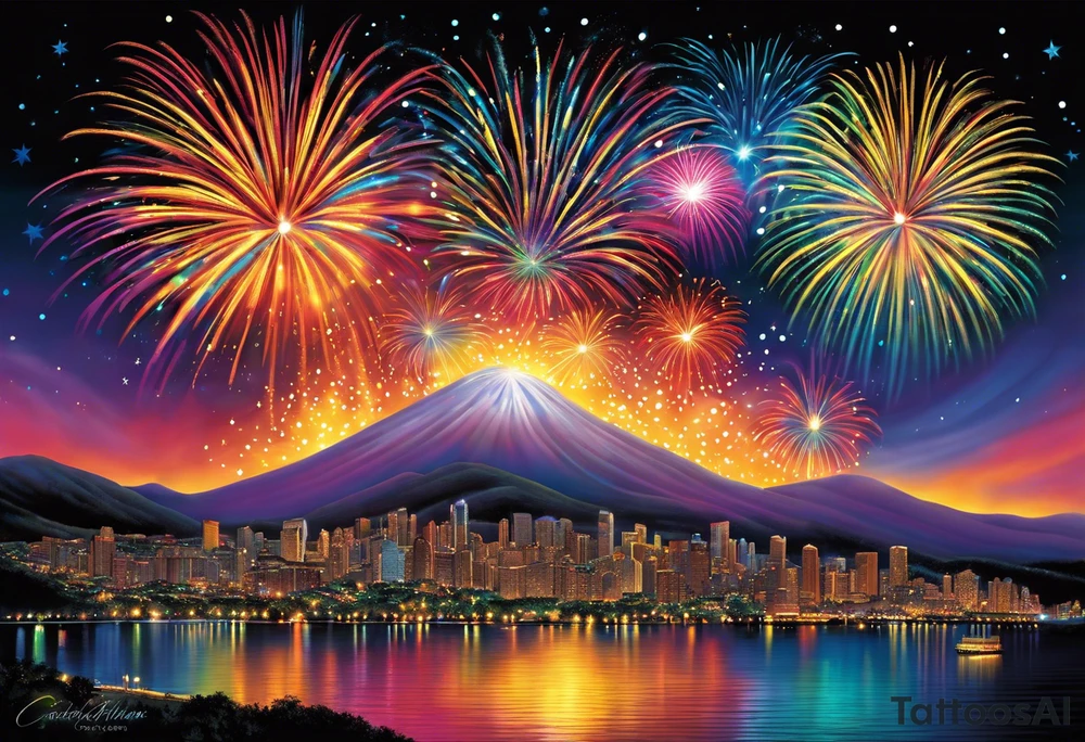 Fireworks burst across the night sky, surrounded by glowing candles and stars, capturing the magic and nostalgia of Colombian December nights. The scene is vibrant with multi-colored lights and an air of celebration. Soft linework mist or halos around the fireworks adds a magical, dreamy quality to the scene. The tattoo reflects joy and tradition, with an emphasis on warmth and festivity. tattoo idea
