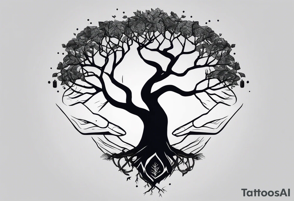 The roots of the tree break out of the chains at the bottom of the hand, turning into branches that reach towards the sky. In the background is a silhouette of mountains or the horizon, symbolizing hope tattoo idea