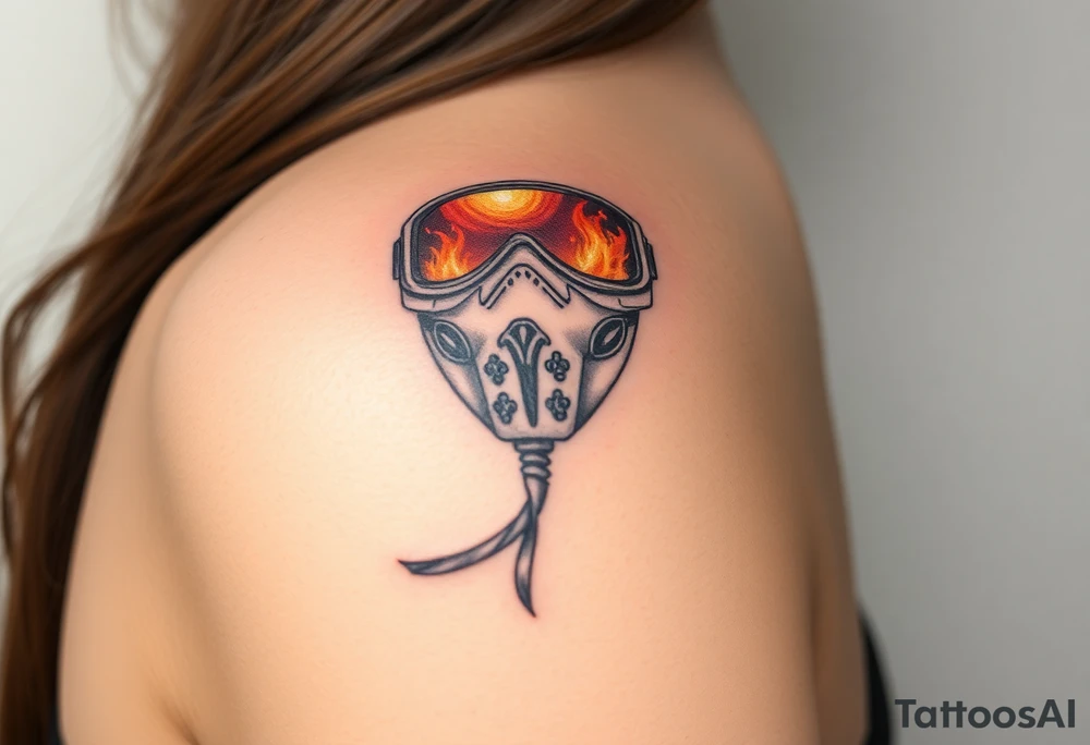 A detailed breathing mask with fire reflecting in the visor tattoo idea