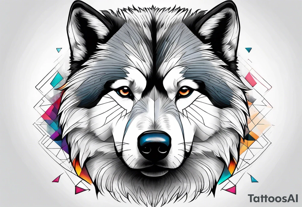 malamute half realistic half geometric tattoo idea