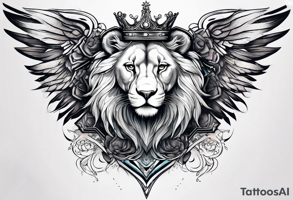 Lioness with wings crown tattoo idea