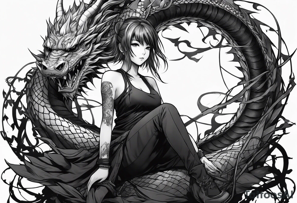 an anime girl, sitting on a ball, surrounded by barbed wire and asian dragon tattoo idea