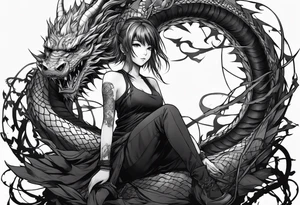 an anime girl, sitting on a ball, surrounded by barbed wire and asian dragon tattoo idea