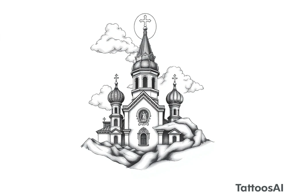 Russian Orthodox church with orthodox spire crosses, with clouds above it and a virgin mary seperately over looking sat above tattoo idea