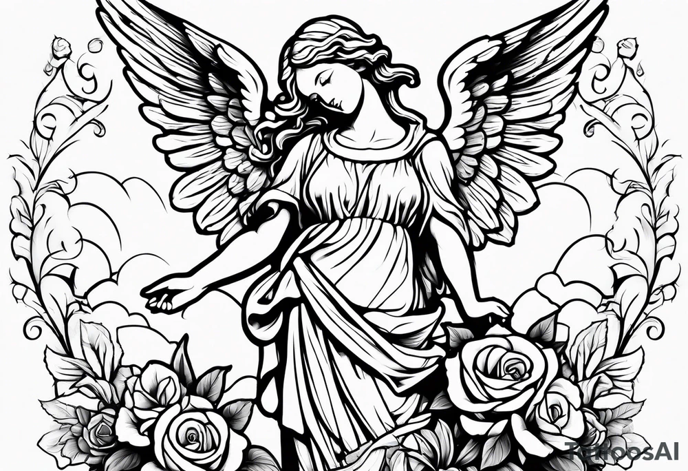 Simple Angel statue stood on a rock with daffodils and roses wrapped around its legs tattoo idea