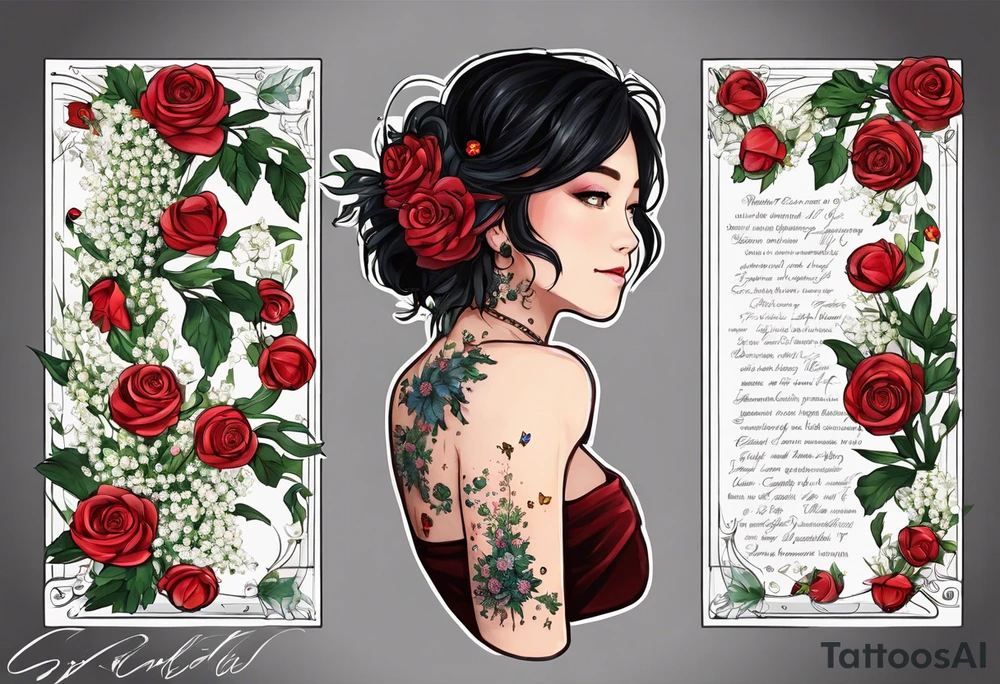 please make a Gemini constellation made of roses, Sagittarius constellation made from Chrysanthemum flowers, Virgo constellation made of Aster flowers, Taurus constellation made from Lily of the Valley flowers all tied together in an arm sleeve tattoo with 4 realistic lady bugs scattered throughout, one realistic butterfly, one realistic cassette tape with the following written on it for song list: #1 "you are my sunshine-3:15"
#2 "3 little birds-12:14"
#3 "twinkle twinkle little star-6:25"
#4 "ABC's-12:00"
Also include a polaroid picture of a realistic view of "the tree of life" symbol with the following coordinates written on the bottom:
61.2547° N, 149.6932° W
61.2547° N, 149.6932° W
43.6355° N, 84.2608° W
42.278046°N, -83.738220W

Also include a realistic skull tied in to the flowers and back ground tattoo idea