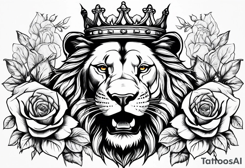 Roaring Lion with crown  with roses tattoo idea