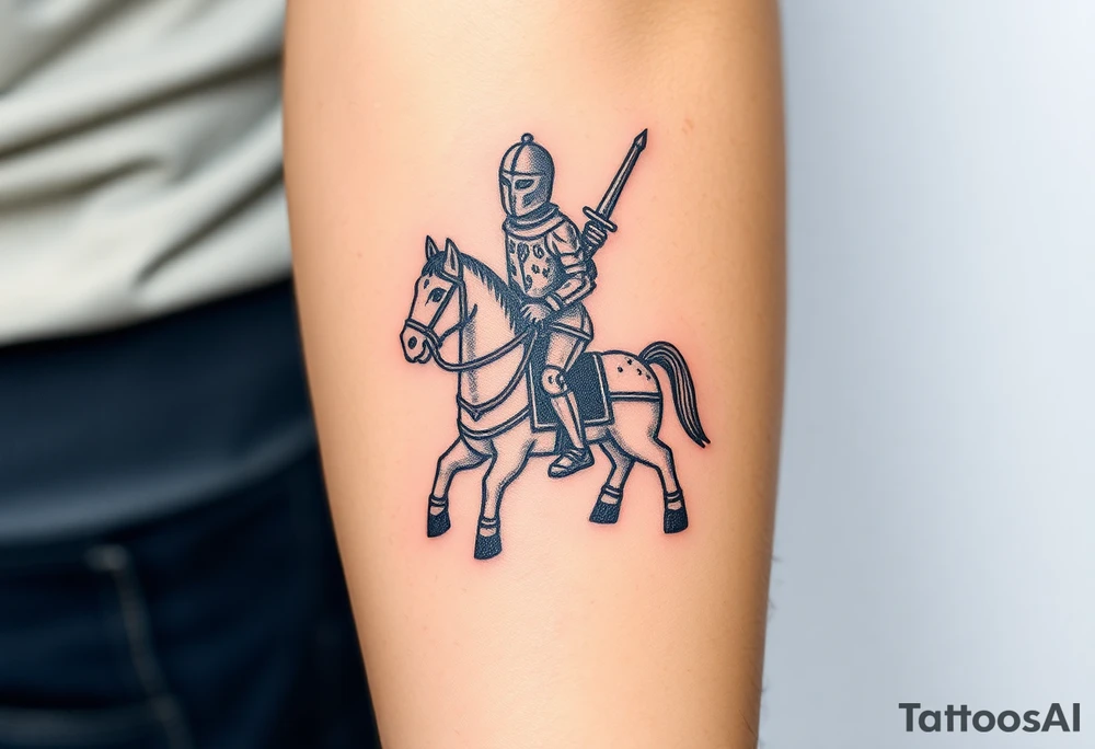 medieval woodcut knight on a childs hobby horse toy tattoo idea