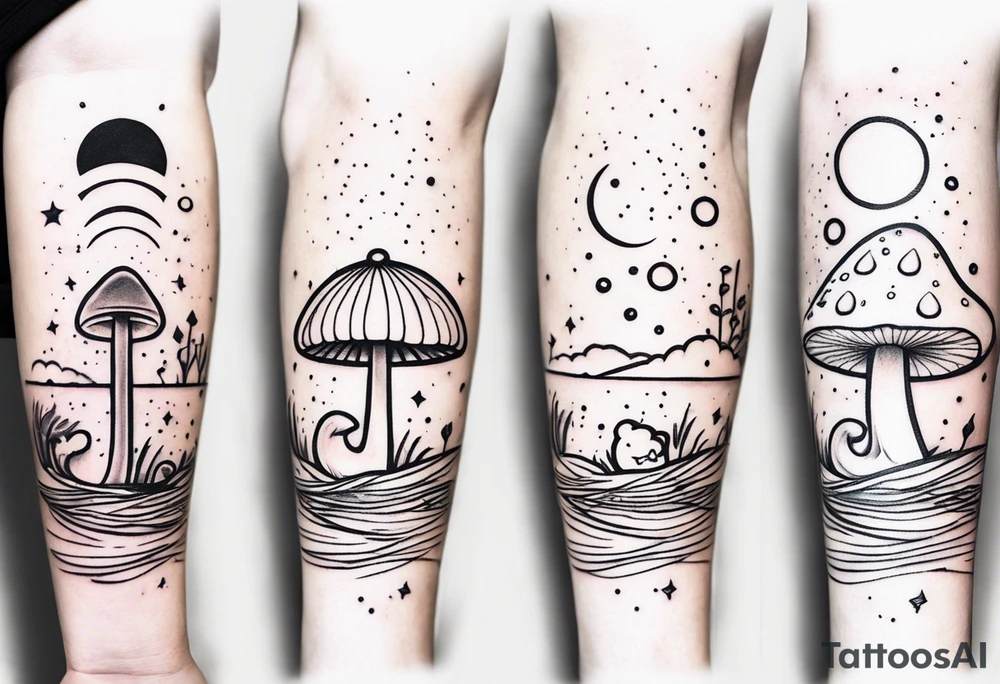 a simple line down the back of the arm. each icon is under one inch and separated by small dots: a music note on a staff at the top, a wave of water beneath it, a pocket below that, followed by the mushroom from mario cart. the entire tatto is four inches down the arm and each icon is separated by two small dots. tattoo idea