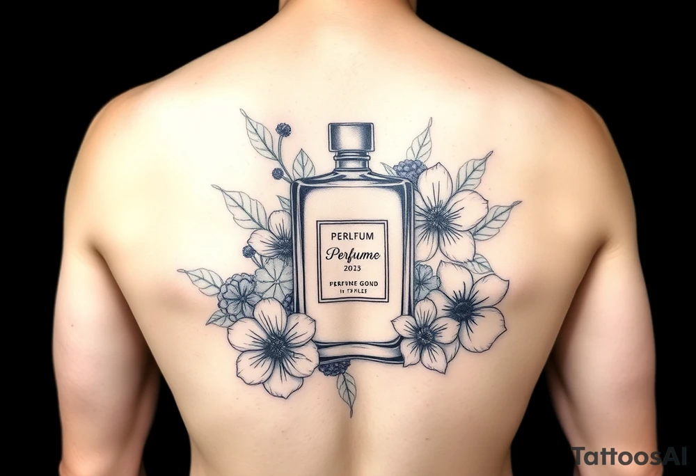 Modern perfume bottle surronded by slived citruses, woods, water and violet flowers tattoo idea