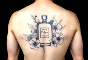 Modern perfume bottle surronded by slived citruses, woods, water and violet flowers tattoo idea