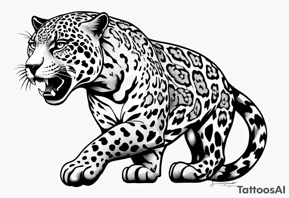 patch writhing full body visible jaguar, top side view, running tattoo idea