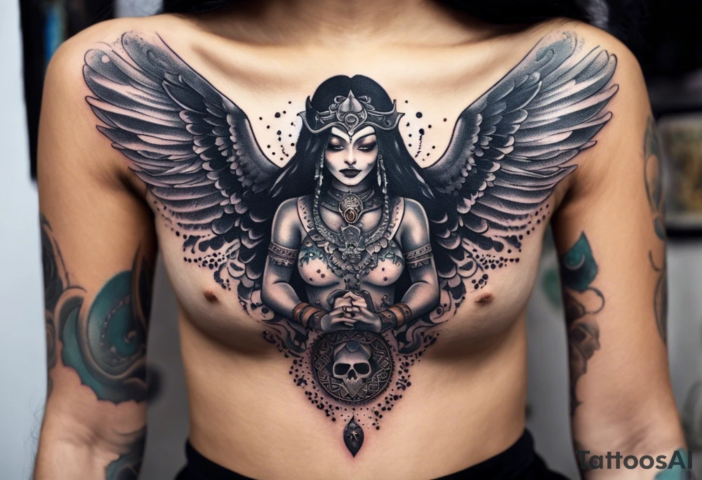 black kali, goddess pirate, alien, angel, pachamama, valkrye, warrior, flying, skull, lotus azul, wing, eagle, zenza resonance, stars, 5D, anahata chakra, death, durga, riding on a tiger, flying lady, chest tatoo tattoo idea