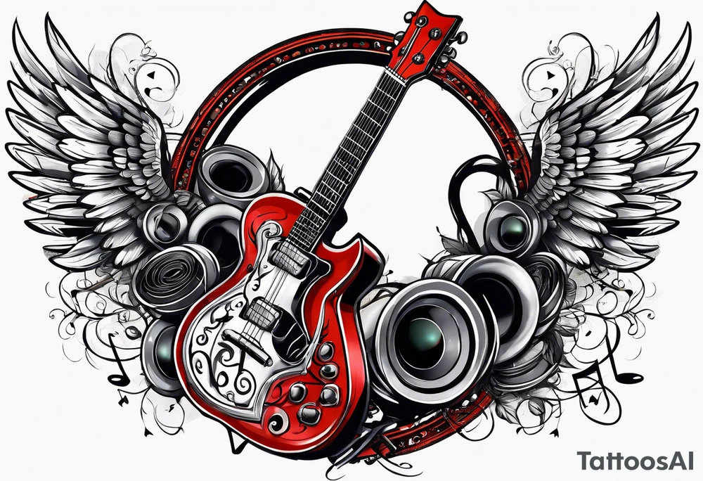 Microphone and musical notes and guitar and wings and music is medicine tattoo idea