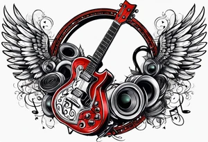 Microphone and musical notes and guitar and wings and music is medicine tattoo idea