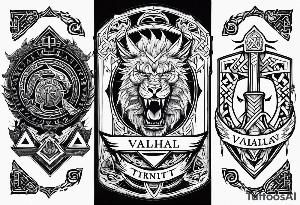 Valhalla sword shield axe Valknut stairs dragon lion tattoo idea Valhalla sword shield axe Valknut stairs dragon lion tattoo idea