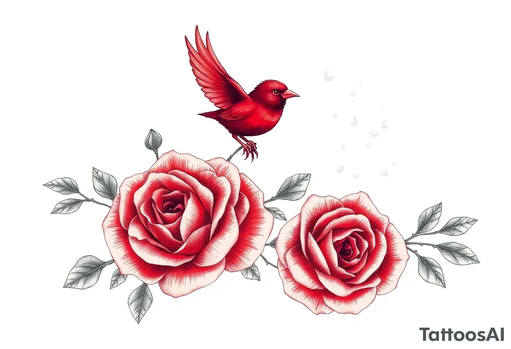 Vintage lace, red roses close together, bright red bird flying freely tattoo idea