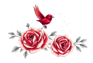 Vintage lace, red roses close together, bright red bird flying freely tattoo idea