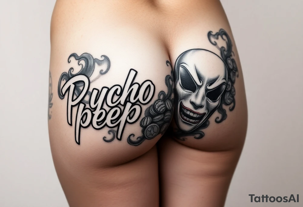 "psycho peep show" in chicano script  , perfect  shading  , smoke that forms images of the two theater masks ,many coins and smokey shading as a filler ,all in chicano style. tattoo is located on the right butt cheek of a female . only right side of butt ,white leters with  red and a dark smokey  shading she has a firm perfect  butt and is wearing g string  panties . studio lighting , realistic.  spelling should b correct and as entered iin this prompt  ; tattoo idea
