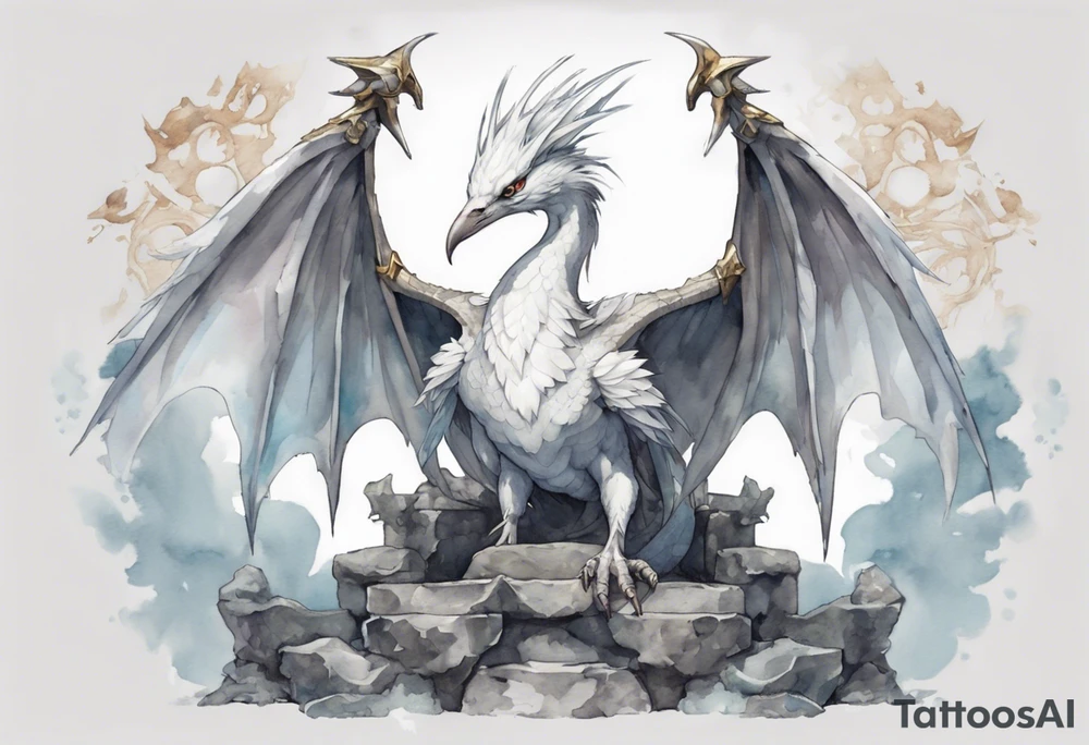 a white bird-wyvern hybrid wearing a plain iron diadem, standing on a stone throne tattoo idea