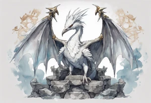 a white bird-wyvern hybrid wearing a plain iron diadem, standing on a stone throne tattoo idea