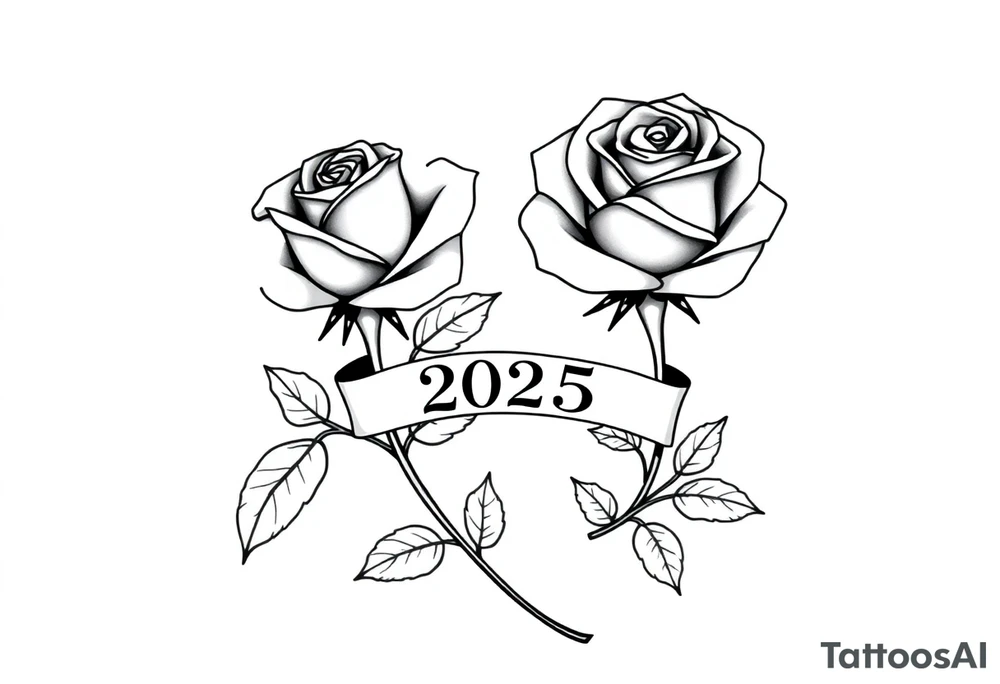 two beautiful large rose buds, one larger than the other, with many leaves next to the rose buds, with one sitting higher than the other. Include a banner connecting the two roses with the year 2025 on it.   Use dark outlines with little shading. The two stems should be short, not long, and connect and join into one stem, whimsically curved or twisted - not straight down. tattoo idea