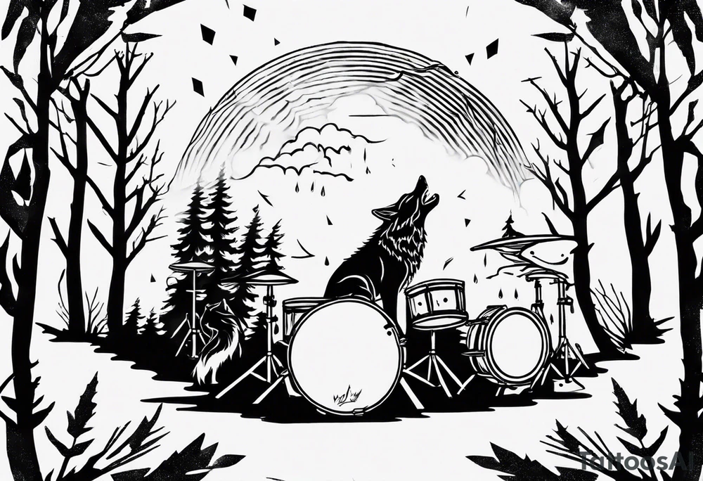 thunderstorm over a forest with a wolf howling on drums tattoo idea thunderstorm over a forest with a wolf howling on drums tattoo idea