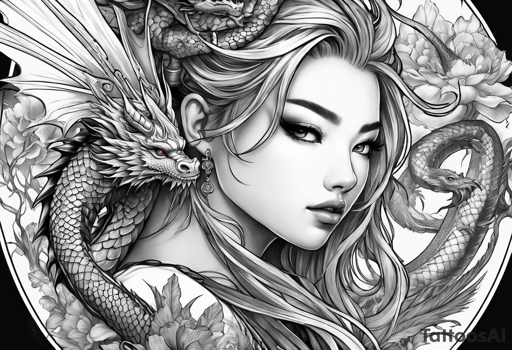 beautiful warrior nymph with dragon wings and dragon friends tattoo idea
