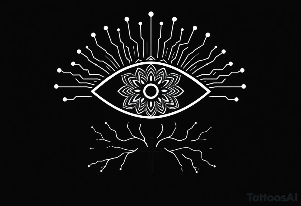 Central Element: A large, stylized eye is the focal point.
	•	The iris of the eye is filled with a mandala pattern, symbolizing depth, balance, and inner awareness.
	•	The lines are fine and clean, forming symmetrical layers and floral-like geometry within the mandala.
	•	Upper Design: From the top of the eye extend circuit-like branches, mimicking electronic pathways.
	•	These lines rise vertically and diagonally in symmetrical fashion, ending in rounded circuit nodes, representing intelligence, logic, and the digital mind.
	•	Lower Design: From the bottom of the eye extend natural tree roots.
	•	These branches flow organically and curve outward, grounding the symbol with themes of nature, growth, and spiritual connection.
	•	Text Element: Below the tree roots is the word “σοφία” in Ancient Greek, meaning wisdom.
	•	The font is clean and classical, giving it a timeless, philosophical presence.
	•	Religious Symbol: Directly below the Greek word is a simple, black cross.
	•	The cross is thin, minimal, and vertically aligned with the center of the eye, representing faith, spirituality, or divine guidance.
	•	Placement: on the back tattoo idea