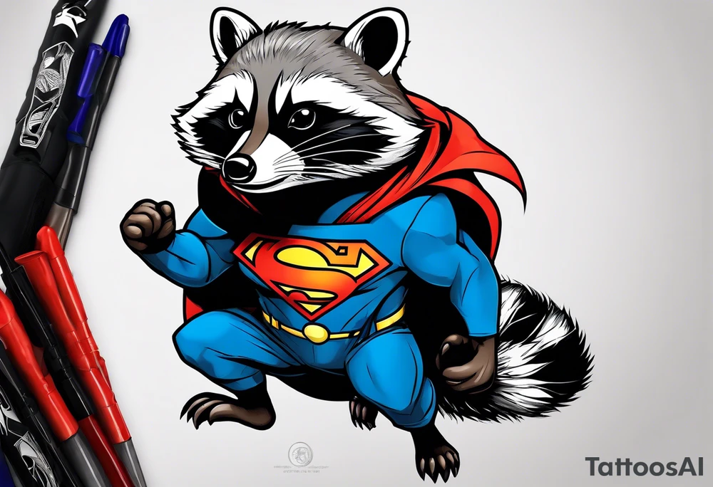 raccoon wearing a Superman hoodie tattoo idea