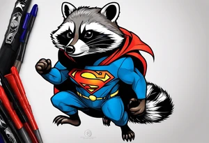 raccoon wearing a Superman hoodie tattoo idea