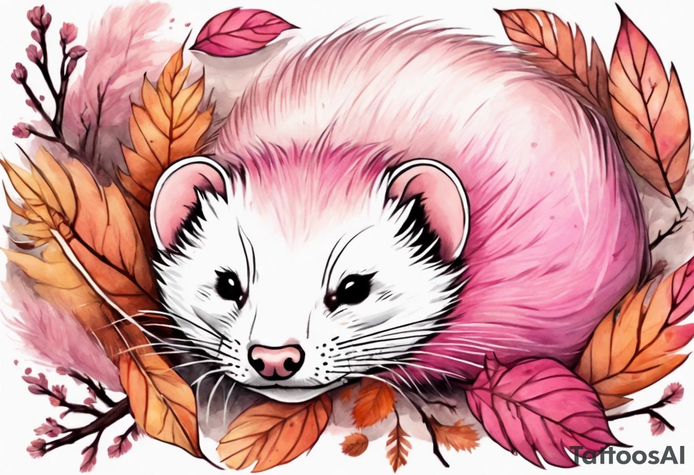 a ferret with pink fur and pink ears sleeping in the autumn forest tattoo idea